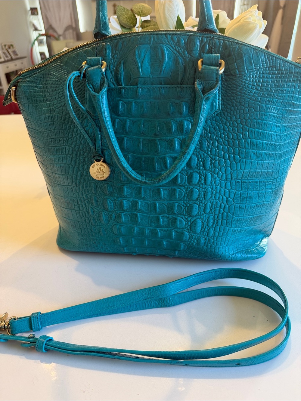 Brahmin Large Duxbury teal Croc-Embossed Leather Satchel with the long strap